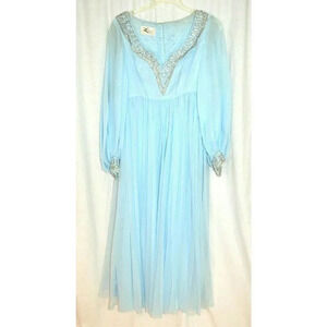 Jean Lutece 1960s Blue Chiffon Dress Heavy Beading